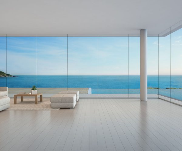 Large sofa on wooden floor near glass window and swimming pool with terrace at penthouse apartment, Lounge in sea view living room of modern luxury beach house or hotel - Home interior 3d illustration