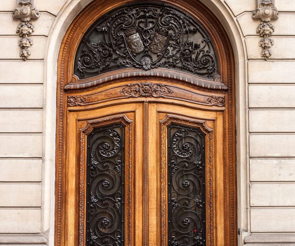 Old wooden door in paris decorated by metal and wooden motifs, France
