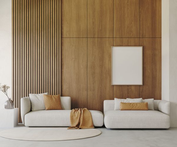 3d render of modern living room with white sofa and coffee table, decorative wall with embossed panels, carpet on concret floor. Frame mockup